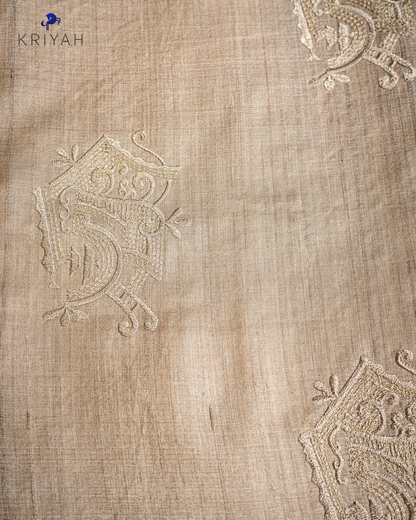 TUSSER SAREE WITH MULTI COLOUR STRIPES EMBROIDERY - KHAKI
