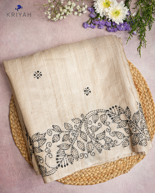 TUSSER SAREE WITH KANTHA EMBROIDERY - TAN