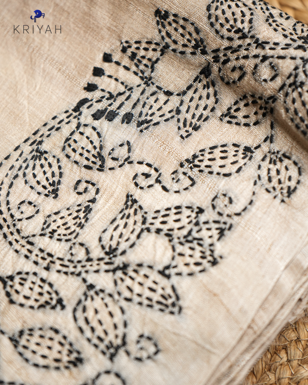 TUSSER SAREE WITH KANTHA EMBROIDERY - TAN