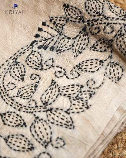 TUSSER SAREE WITH KANTHA EMBROIDERY - TAN