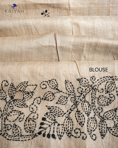 TUSSER SAREE WITH KANTHA EMBROIDERY - TAN