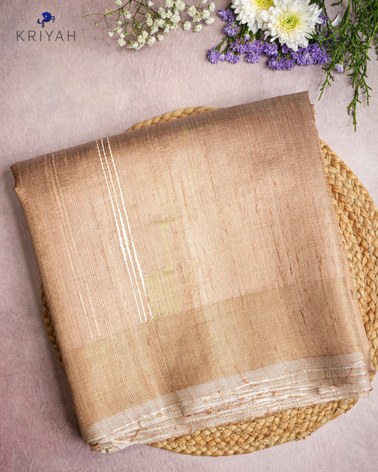 TUSSER SAREE WITH DENSE STRIPES & GOLD BORDER - GOLDEN BEIGE