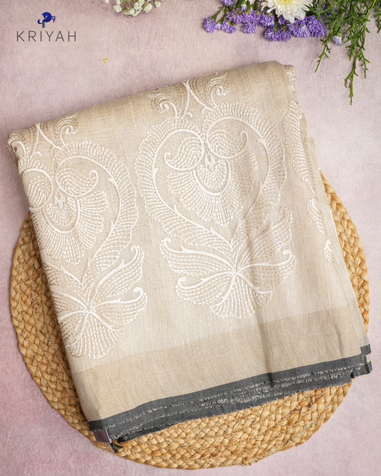 TUSSER SAREE WITH MOTIF EMBROIDERY - CHAMPAGNE