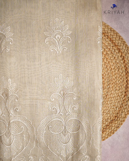 TUSSER SAREE WITH MOTIF EMBROIDERY - CHAMPAGNE
