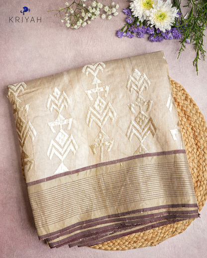 TUSSER SAREE WITH TRIBAL  EMBROIDERY - IVORY