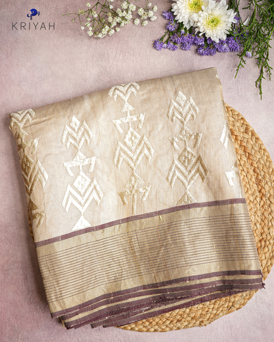 TUSSER SAREE WITH TRIBAL  EMBROIDERY - IVORY