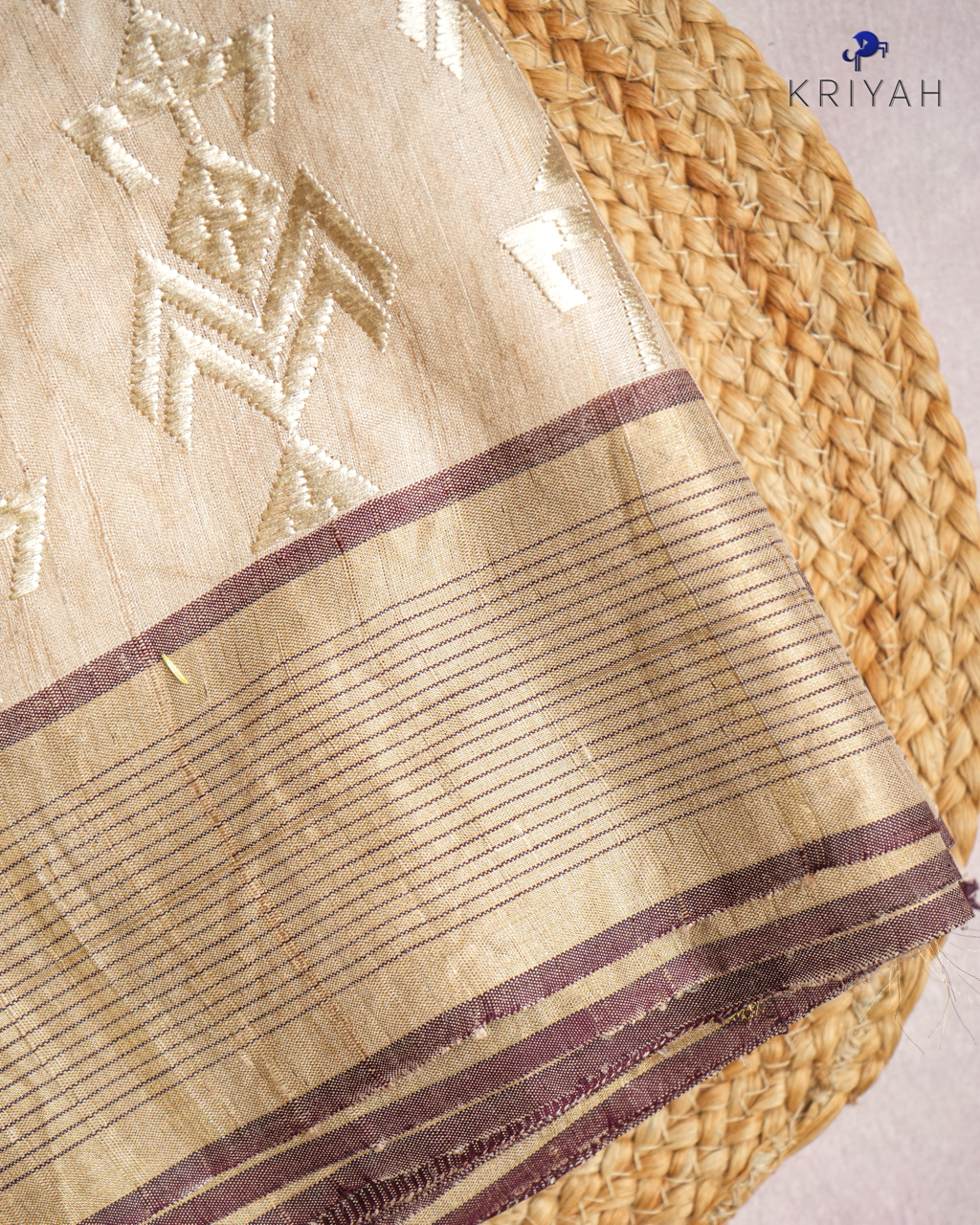 TUSSER SAREE WITH TRIBAL  EMBROIDERY - IVORY