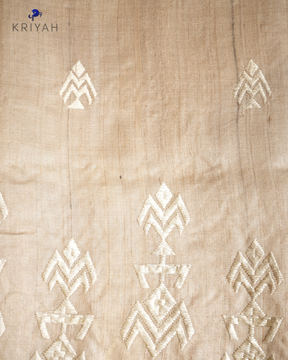 TUSSER SAREE WITH TRIBAL  EMBROIDERY - IVORY