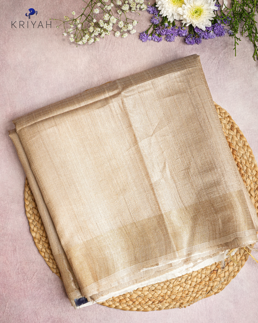 TUSSER SAREE WITH SPACED STRIPES & GOLD BORDER - SAND