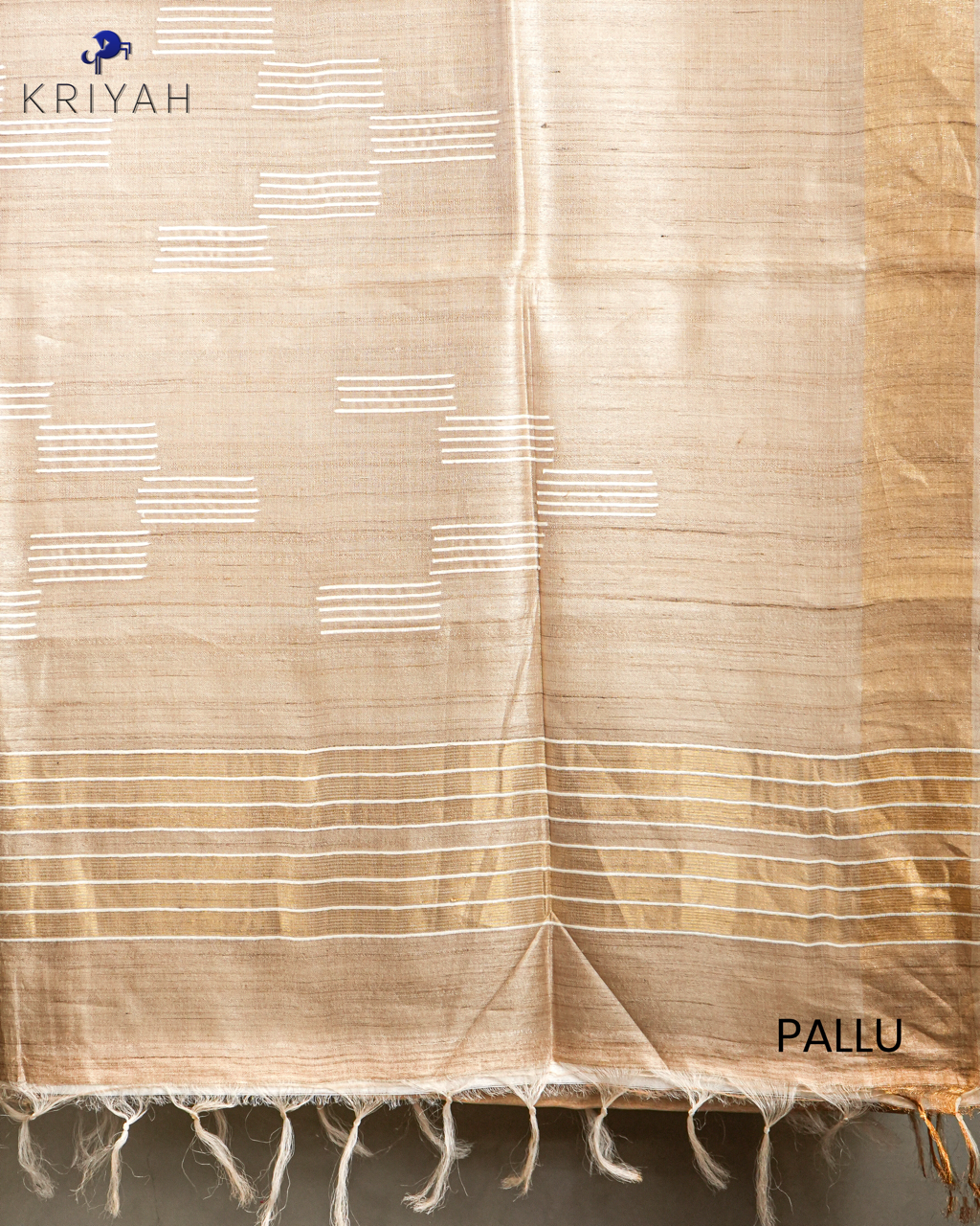 TUSSER SAREE WITH SPACED STRIPES & GOLD BORDER - SAND