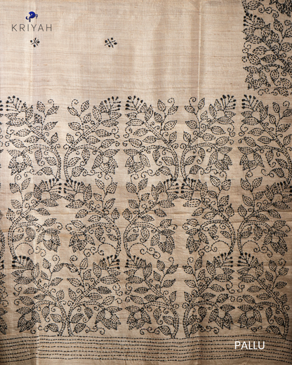 TUSSER SAREE WITH KANTHA EMBROIDERY - TAN
