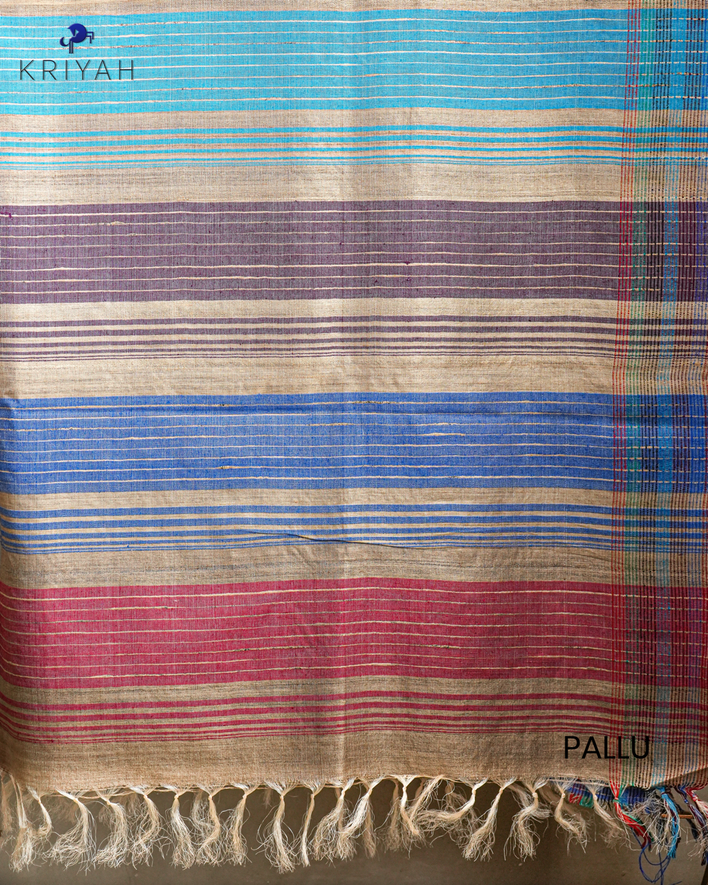 TUSSER SAREE WITH MULTI COLOUR STRIPES EMBROIDERY - KHAKI
