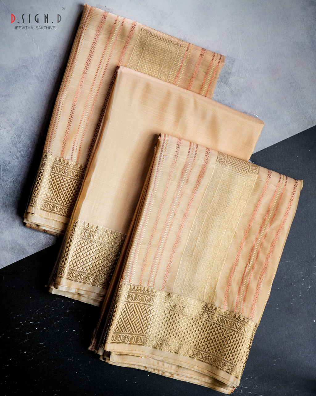 Vastra Copper Pin Stripes Fine silk dhoti Set - Bridal