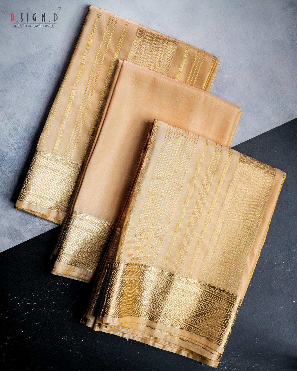 Vastra Gold Pin Stripes Fine silk dhoti Set - Bridal