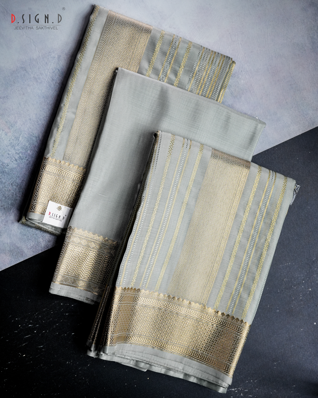 VASTRA GREY FINE SILK DHOTI WITH GOLD PIN STRIPES SET