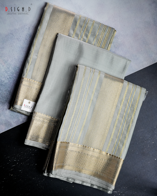 VASTRA GREY FINE SILK DHOTI WITH GOLD PIN STRIPES SET