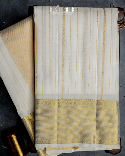 Handwoven white Pure Silk Dhoti with Angavastram - Stripe design