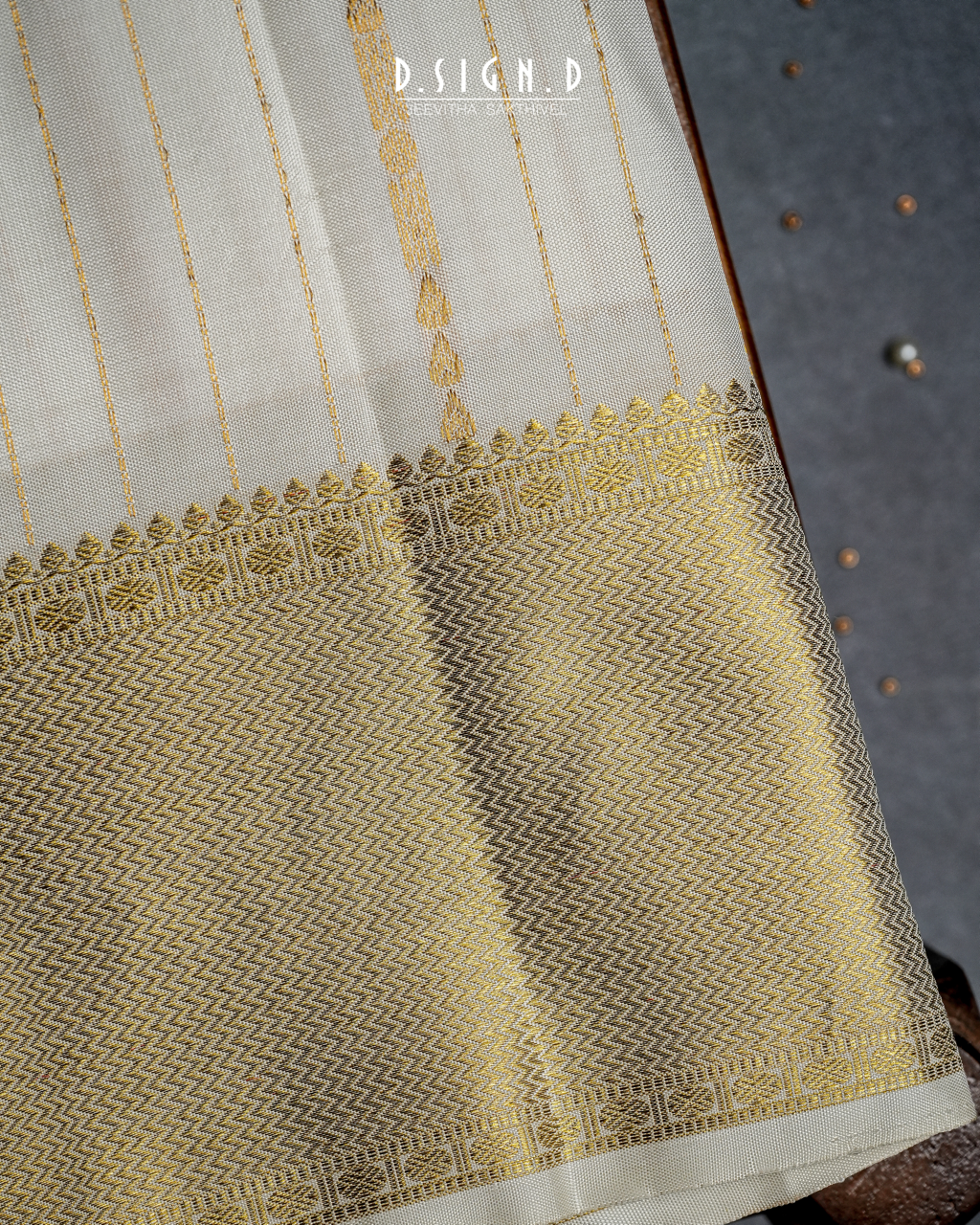 Handwoven white Pure Silk Dhoti with Angavastram - Stripe design