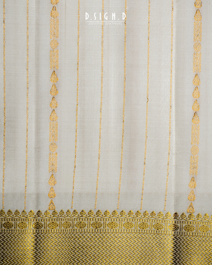 Handwoven white Pure Silk Dhoti with Angavastram - Stripe design