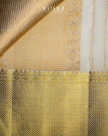 Handwoven white Pure Silk Dhoti with Angavastram - Stripe design