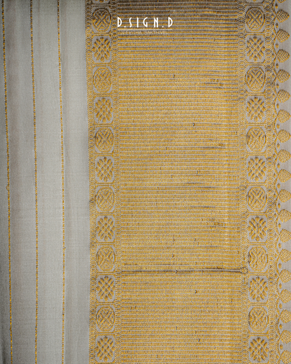 Handwoven white Pure Silk Dhoti with Angavastram - Stripe design