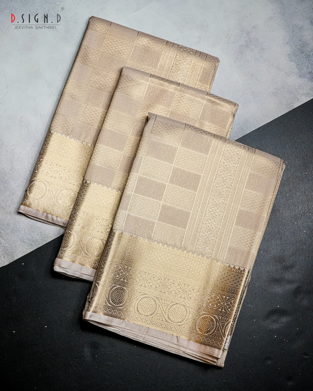 BEIGE TISSUE KATTAM FINE SILK DHOTI SET - BRIDAL