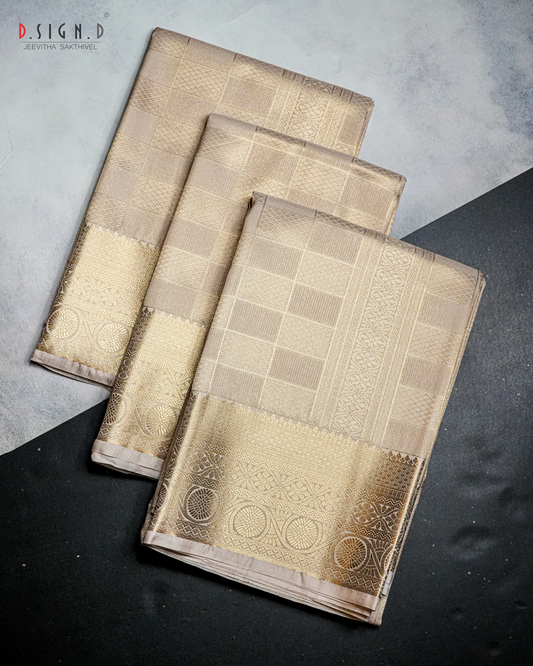 BEIGE TISSUE KATTAM FINE SILK DHOTI SET - BRIDAL