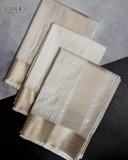 VASTRA WHITE FINE SILK DHOTI WITH PIN STRIPES SET