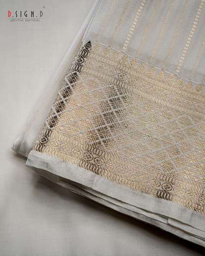 VASTRA WHITE FINE SILK DHOTI WITH PIN STRIPES SET