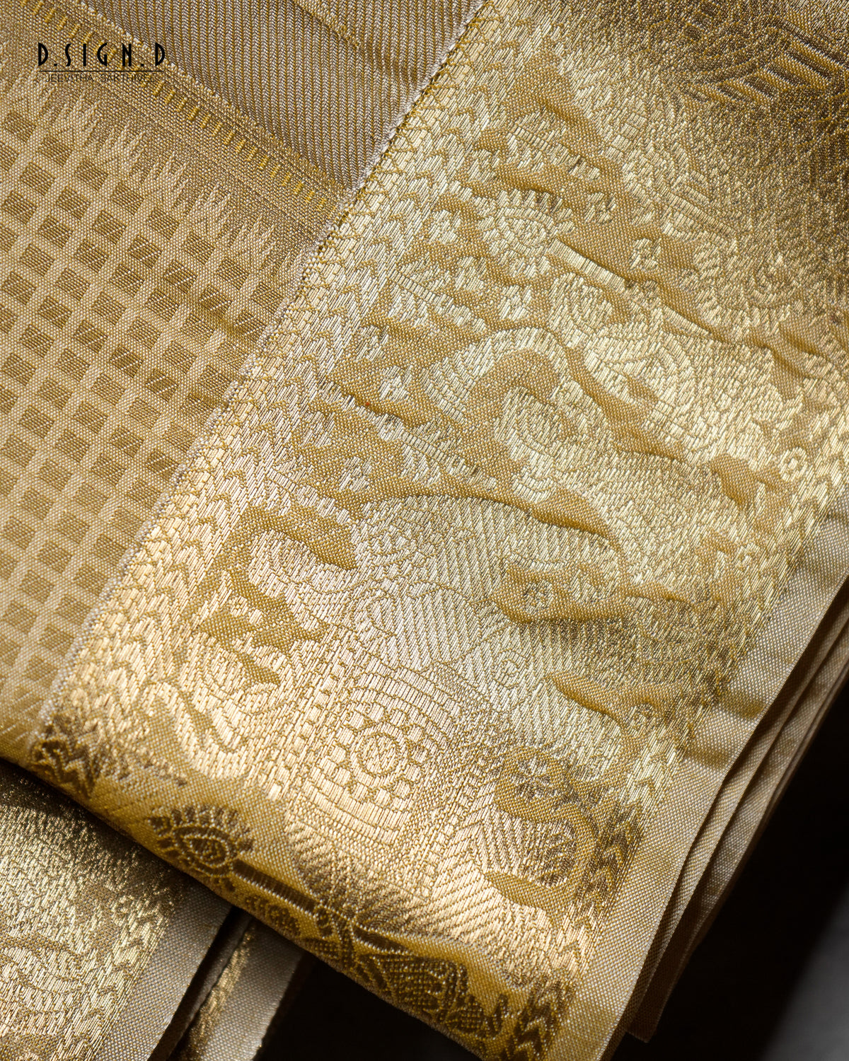 GOLD ZARI CHECK FINE SILK DHOTHI SET WITH PAITHANI BORDER