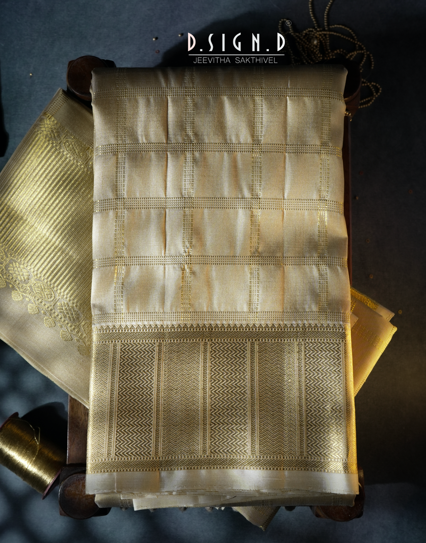 Handwoven gold Pure Silk Dhoti with Angavastram - Checks