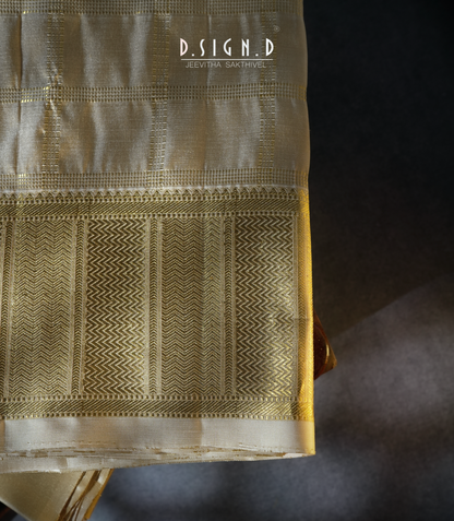 Handwoven gold Pure Silk Dhoti with Angavastram - Checks