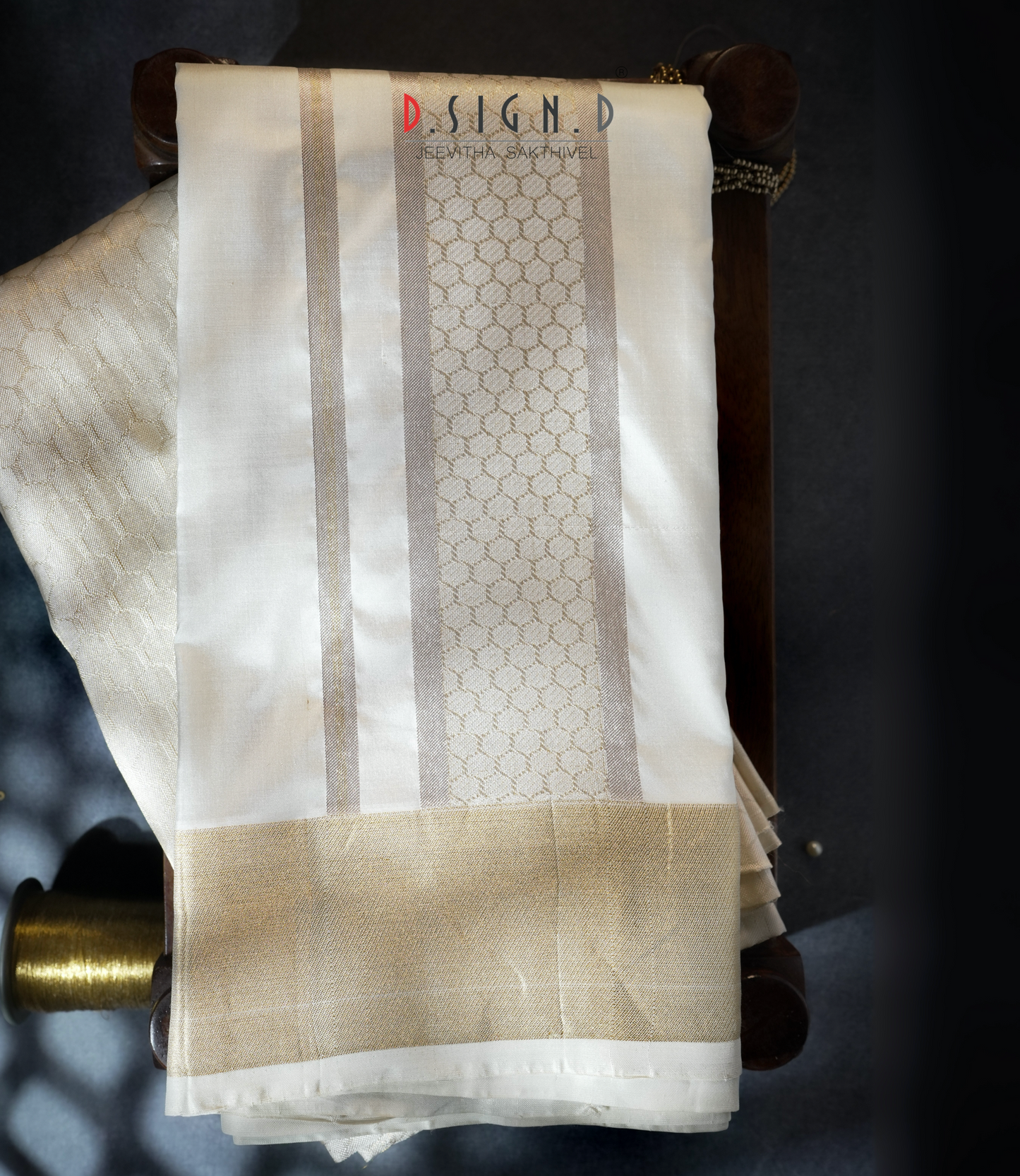 White hexagon Pure Silk Dhoti with Angavastram