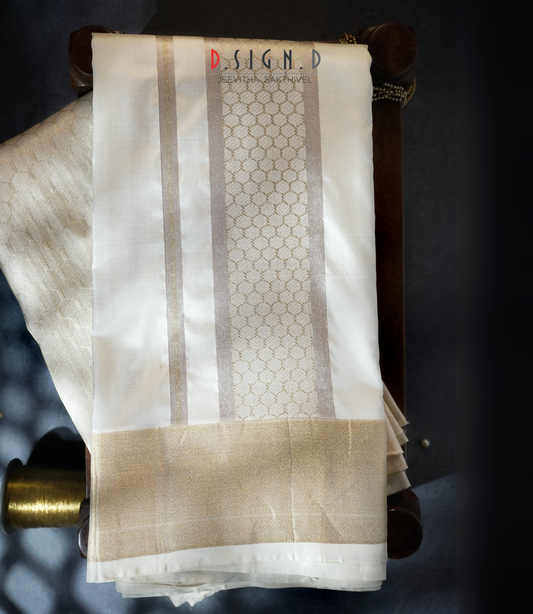 White hexagon Pure Silk Dhoti with Angavastram