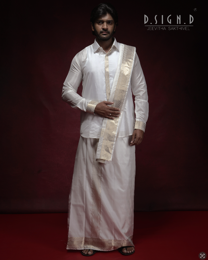 Classic- white fine silk dhoti set