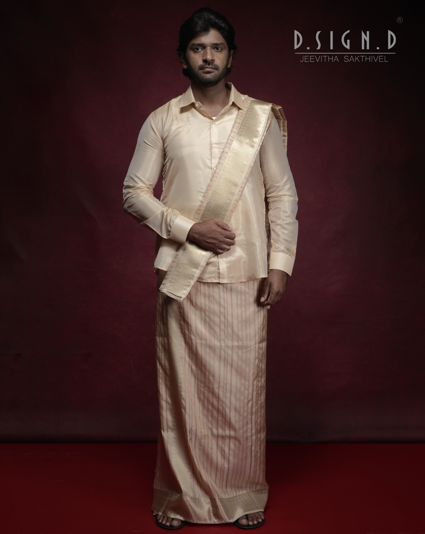 Vastra Copper Pin Stripes Fine silk dhoti Set - Bridal