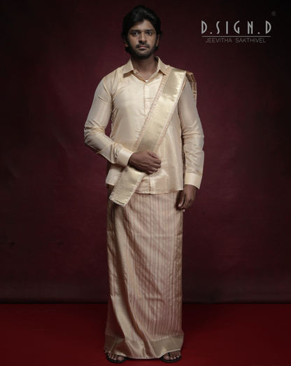 Vastra Copper Pin Stripes Fine silk dhoti Set - Bridal