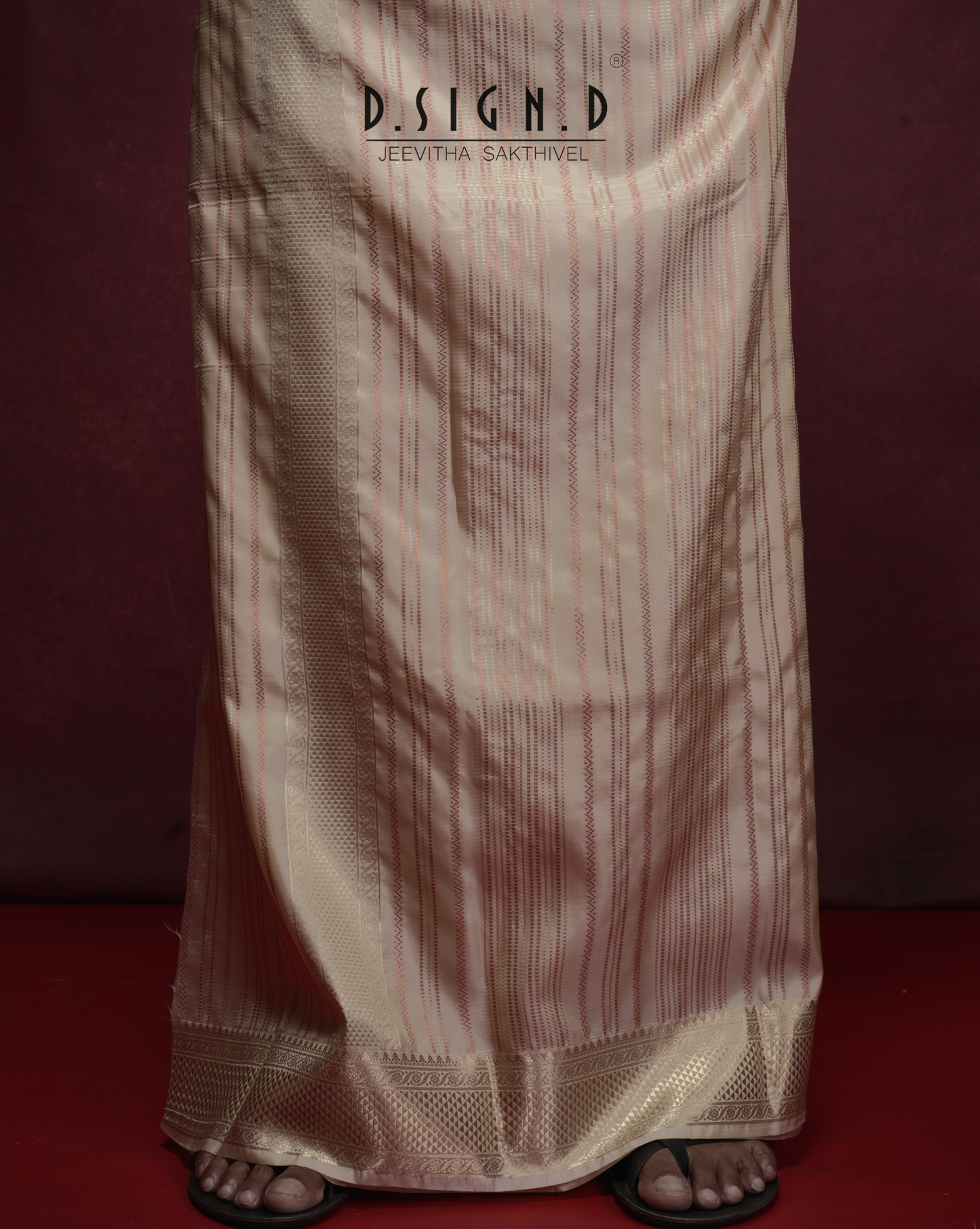 Vastra Copper Pin Stripes Fine silk dhoti Set - Bridal