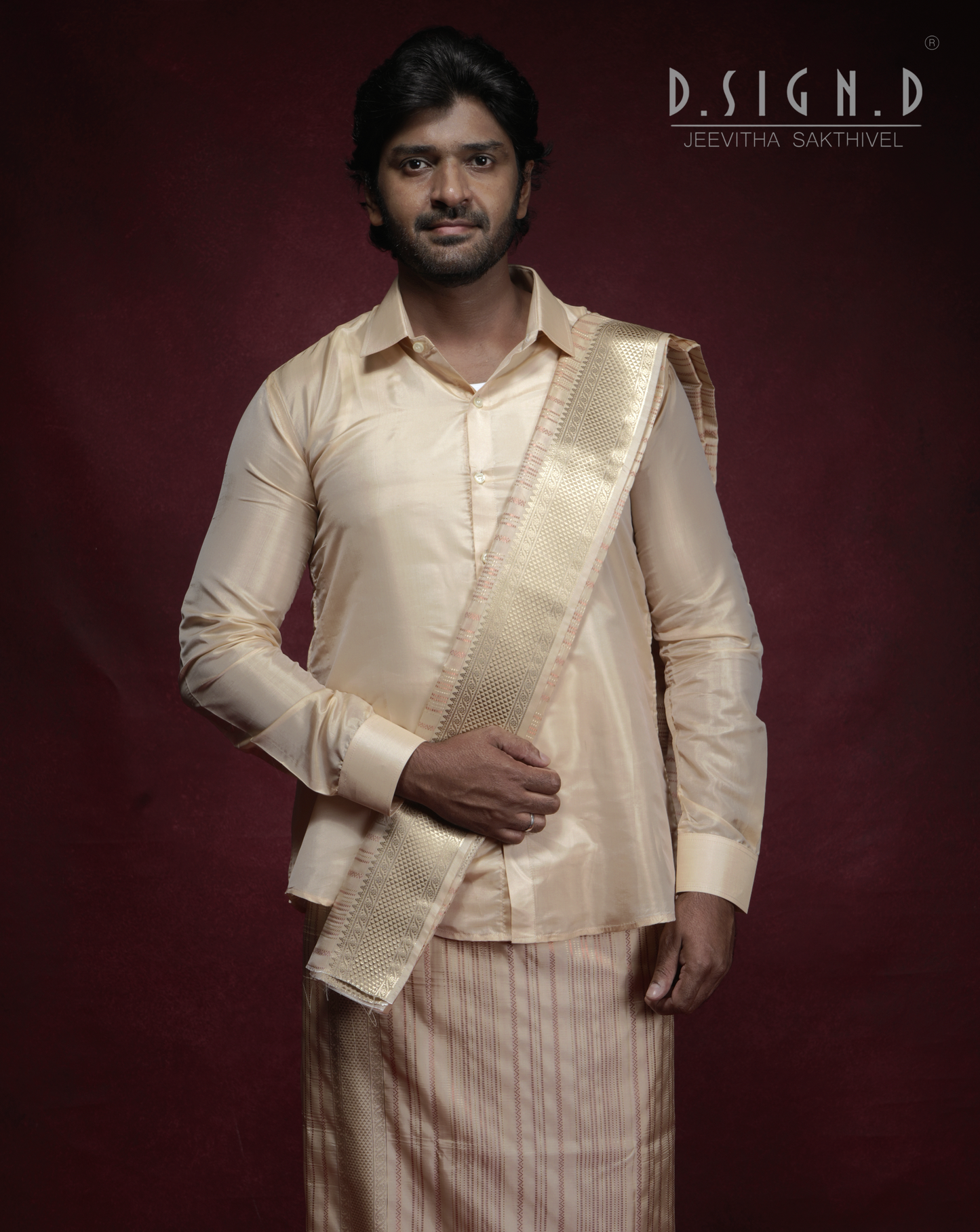 Vastra Copper Pin Stripes Fine silk dhoti Set - Bridal