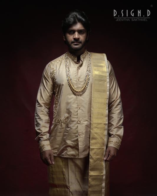 Handwoven Gold Pure Silk Checked Dhoti Set