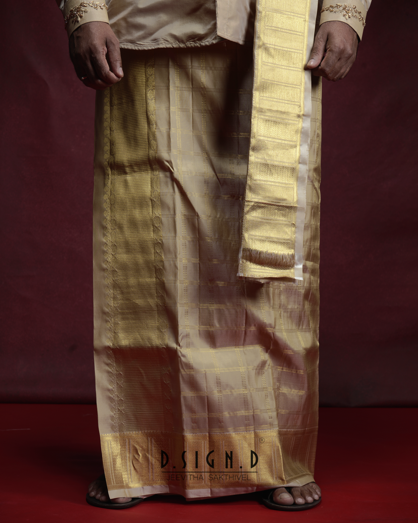 Handwoven Gold Pure Silk Checked Dhoti Set