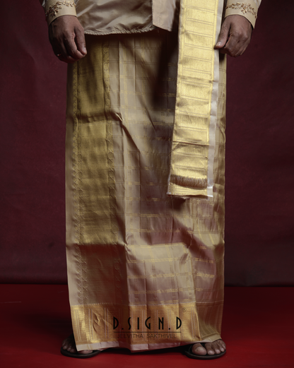 Handwoven Gold Pure Silk Checked Dhoti Set