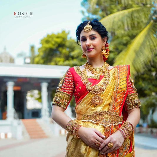 Gold Kanjeevaram embroidered silk saree