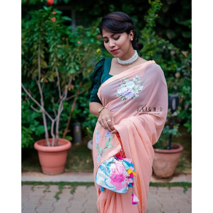 Floral Painted Peach Georgette Saree