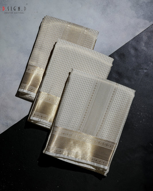 WHITE ZARI CHECK FINE SILK DHOTI SET