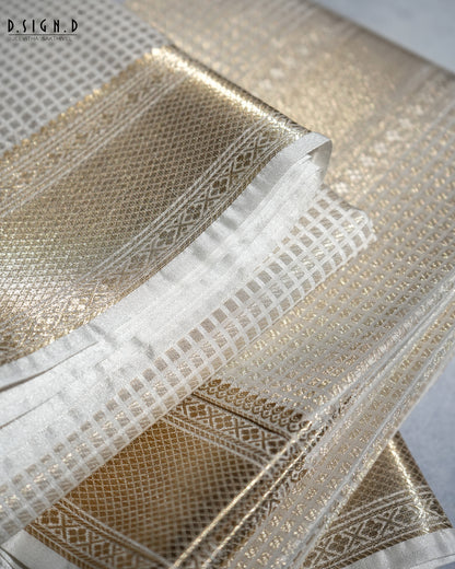 WHITE ZARI CHECK FINE SILK DHOTI SET