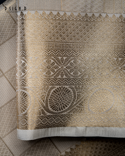 White tissue silk dhoti kattam weave with zari detailing
