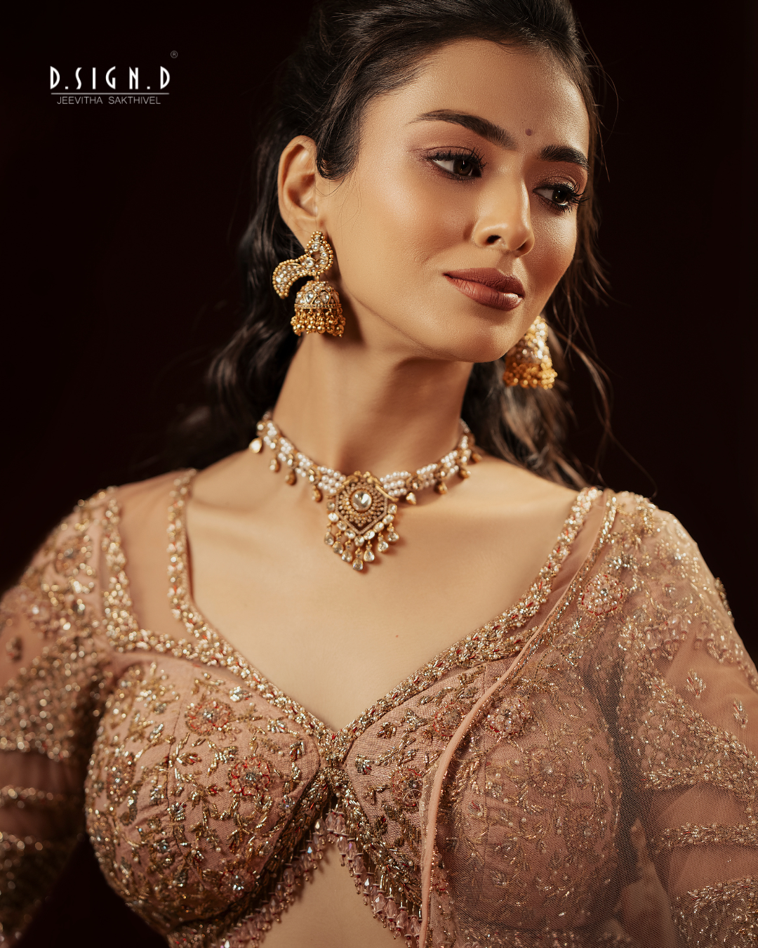 Powder pink embroidered blouse for South Indian half saree