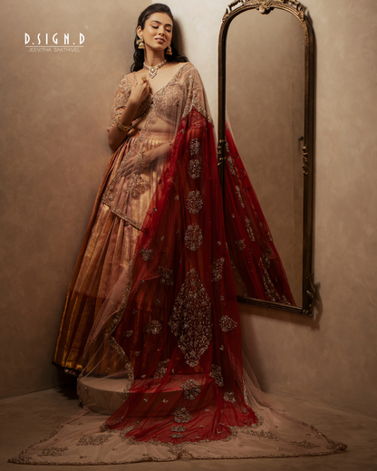 Designer peach red and pink half saree set for weddings and festive occasions