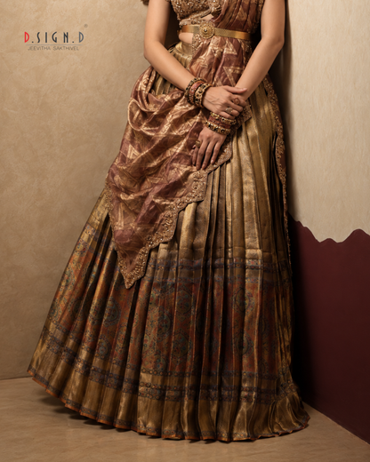Gold Kanjeevaram silk skirt for designer half saree